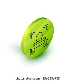 Isometric line Face recognition icon isolated on white background. Face identification scanner icon. Facial id. Cyber security concept. Green circle button. Vector Illustration