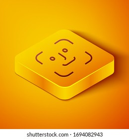 Isometric line Face recognition icon isolated on orange background. Face identification scanner icon. Facial id. Cyber security concept. Yellow square button. Vector Illustration