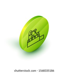 Isometric line Factory conveyor system belt with cardboard boxes engineering machine icon isolated on white background. Robot industry concept. Green circle button. Vector Illustration