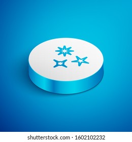 Isometric line Falling star icon isolated on blue background. Meteoroid, meteorite, comet, asteroid, star icon. White circle button. Vector Illustration