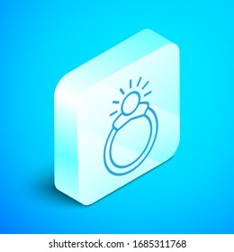 Isometric line Fantasy magic stone ring with gem icon isolated on blue background. Silver square button. Vector Illustration