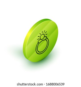 Isometric line Fantasy magic stone ring with gem icon isolated on white background. Green circle button. Vector Illustration