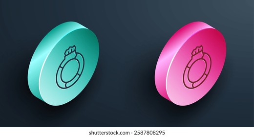 Isometric line Fantasy magic stone ring with gem icon isolated on black background. Turquoise and pink circle button. Vector