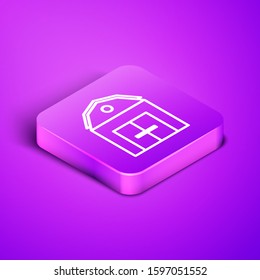 Isometric line Farm House concept icon isolated on purple background. Rustic farm landscape. Purple square button. Vector Illustration