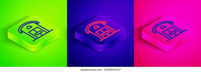 Isometric line Farm house icon isolated on green, blue and pink background. Square button. Vector