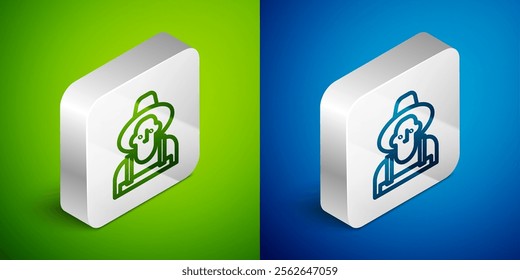 Isometric line Farmer in the hat icon isolated on green and blue background. Silver square button. Vector