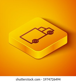 Isometric line Fast round the clock delivery by car icon isolated on orange background. Yellow square button. Vector