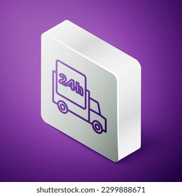 Isometric line Fast round the clock delivery by car icon isolated on purple background. Silver square button. Vector