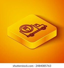 Isometric line Fast round the clock delivery by car icon isolated on orange background. Yellow square button. Vector Illustration