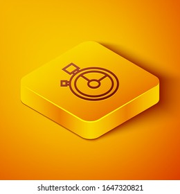Isometric line Fast time delivery icon isolated on orange background. Timely service, stopwatch in motion, deadline concept, clock speed. Yellow square button. Vector Illustration