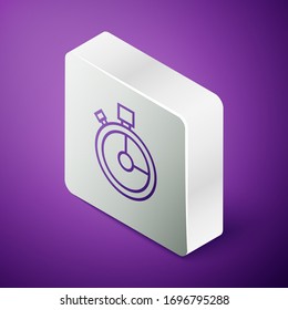 Isometric line Fast time delivery icon isolated on purple background. Timely service, stopwatch in motion, deadline concept, clock speed. Silver square button. Vector Illustration