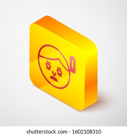 Isometric line Fatigue icon isolated on grey background. No energy. Stress symptom. Negative space. Yellow square button. Vector Illustration
