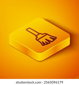 Isometric line Feather broom for cleaning icon isolated on orange background. Feather duster. Yellow square button. Vector