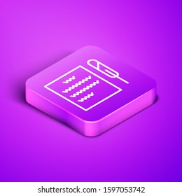 Isometric line Feather pen and paper scroll icon isolated on purple background. Purple square button. Vector Illustration