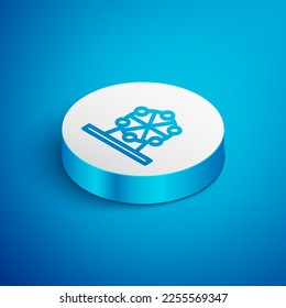 Isometric line Ferris wheel icon isolated on blue background. Amusement park. Childrens entertainment playground, recreation park. White circle button. Vector