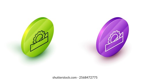 Isometric line Ferris wheel icon isolated on white background. Amusement park. Childrens entertainment playground, recreation park. Green and purple circle buttons. Vector