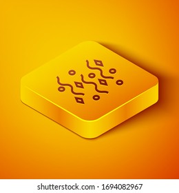 Isometric line Festive confetti icon isolated on orange background. Yellow square button. Vector Illustration