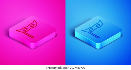 Isometric line Festive mask icon isolated on pink and blue background. Merry Christmas and Happy New Year. Square button. Vector