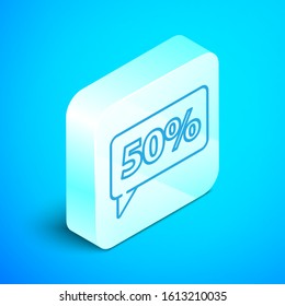 Isometric line Fifty discount percent tag icon isolated on blue background. Shopping tag sign. Special offer sign. Discount coupons symbol. Silver square button. Vector Illustration