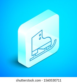 Isometric line Figure skates icon isolated on blue background. Ice skate shoes icon. Sport boots with blades. Silver square button. Vector Illustration