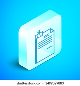 Isometric line File document and binder clip icon isolated on blue background. Checklist icon. Business concept. Silver square button. Vector Illustration