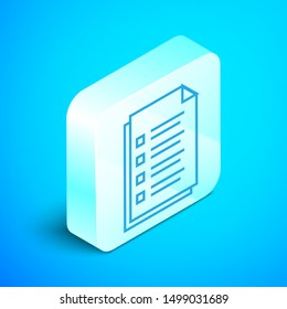 Isometric line File document icon isolated on blue background. Checklist icon. Business concept. Silver square button. Vector Illustration
