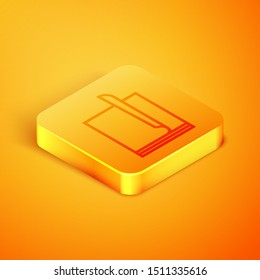 Isometric line File document icon isolated on orange background. Checklist icon. Business concept. Orange square button. Vector Illustration