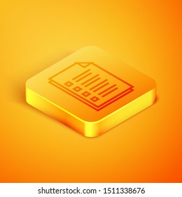 Isometric line File document icon isolated on orange background. Checklist icon. Business concept. Orange square button. Vector Illustration