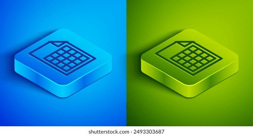 Línea isométrica Icono de documento de archivo aislado sobre fondo azul y verde. Icono Lista de comprobación. Concepto de negocio. Botón cuadrado. Ilustración vectorial