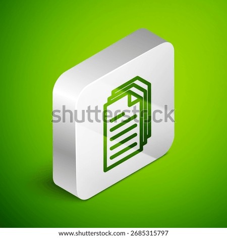Isometric line File document icon isolated on green background. Checklist icon. Business concept. Silver square button. Vector