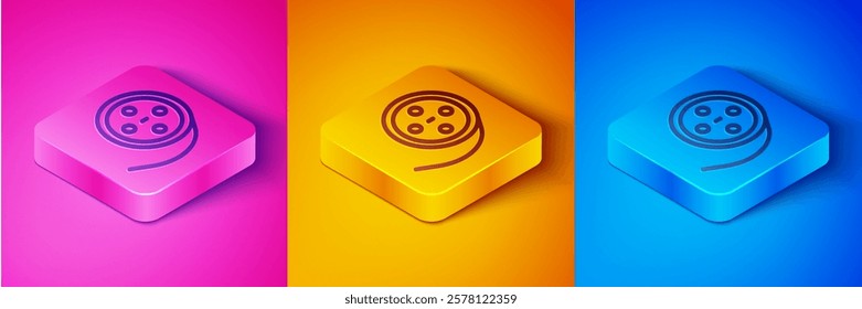 Isometric line Film reel icon isolated on pink and orange, blue background. Square button. Vector