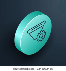 Isometric line Filter setting icon isolated on black background. Turquoise circle button. Vector
