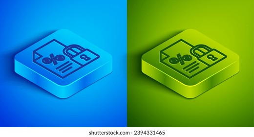 Isometric line Finance document and lock icon isolated on blue and green background. Paper bank document for invoice or bill concept. Square button. Vector Illustration