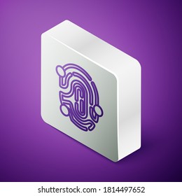 Isometric line Fingerprint icon isolated on purple background. ID app icon. Identification sign. Touch id. Silver square button. Vector