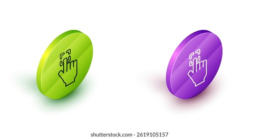 Isometric line Fingerprint icon isolated on white background. ID app icon. Identification sign. Touch id. Green and purple circle buttons. Vector