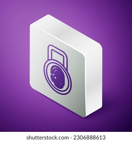 Isometric line Fingerprint with lock icon isolated on purple background. ID app icon. Identification sign. Touch id. Silver square button. Vector