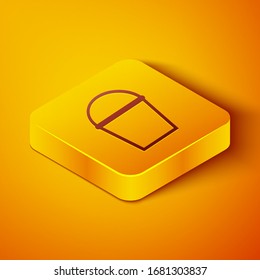 Isometric line Fire bucket icon isolated on orange background. Metal bucket empty or with water for fire fighting. Yellow square button. Vector Illustration
