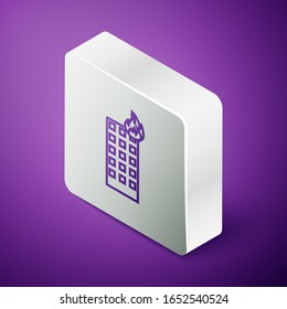Isometric line Fire in burning building on city street icon isolated on purple background. Silver square button. Vector Illustration