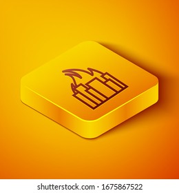 Isometric line Fire in burning buildings on city street icon isolated on orange background. Destroyed city on fire. Yellow square button. Vector Illustration