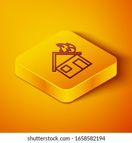Isometric line Fire in burning house icon isolated on orange background. Yellow square button. Vector Illustration