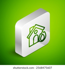 Isometric line Fire in burning house icon isolated on green background. Insurance concept. Security, safety, protection, protect concept. Silver square button. Vector