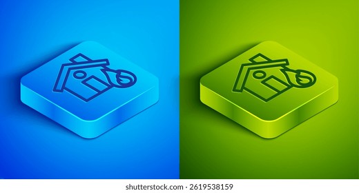 Isometric line Fire in burning house icon isolated on blue and green background. Square button. Vector
