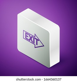 Isometric line Fire exit icon isolated on purple background. Fire emergency icon. Silver square button. Vector Illustration