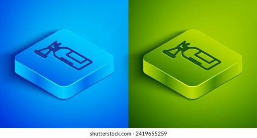 Isometric line Fire extinguisher icon isolated on blue and green background. Square button. Vector