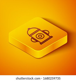 Isometric line Fire hydrant icon isolated on orange background. Yellow square button. Vector Illustration