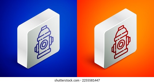 Línea isométrica Icono del hidrante de fuego aislado en fondo azul y naranja. Botón cuadrado plateado. Ilustración vectorial