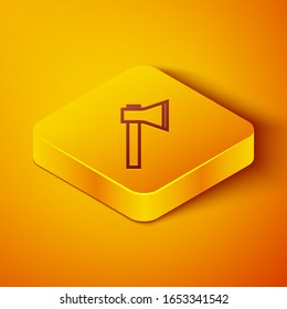 Isometric line Firefighter axe icon isolated on orange background. Fire axe. Yellow square button. Vector Illustration