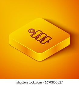Isometric line Firework icon isolated on orange background. Concept of fun party. Explosive pyrotechnic symbol. Yellow square button. Vector Illustration