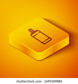 Isometric line Firework icon isolated on orange background. Concept of fun party. Explosive pyrotechnic symbol. Yellow square button. Vector Illustration