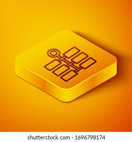 Isometric line Firework icon isolated on orange background. Concept of fun party. Explosive pyrotechnic symbol. Yellow square button. Vector Illustration